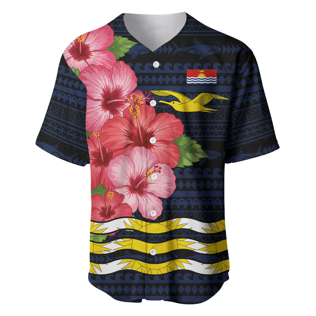 Kiribati Baseball Jersey Tropical Pink Hibiscus Flowers Polynesian Tribal TS04 Blue Black - Polynesian Pride