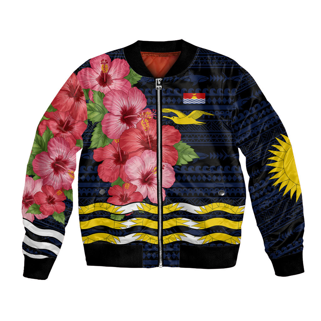 Kiribati Bomber Jacket Tropical Pink Hibiscus Flowers Polynesian Tribal