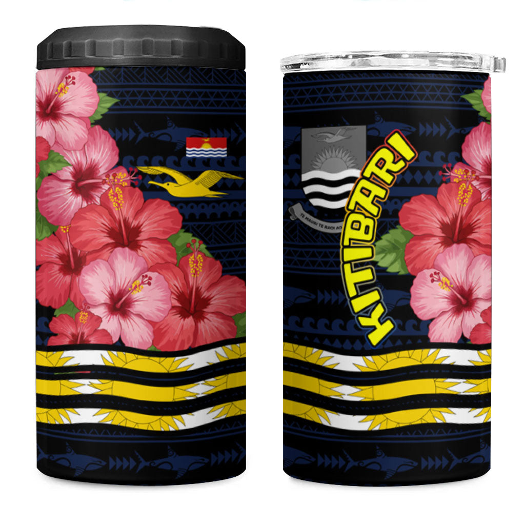 Kiribati 4 in 1 Can Cooler Tumbler Tropical Pink Hibiscus Flowers Polynesian Tribal