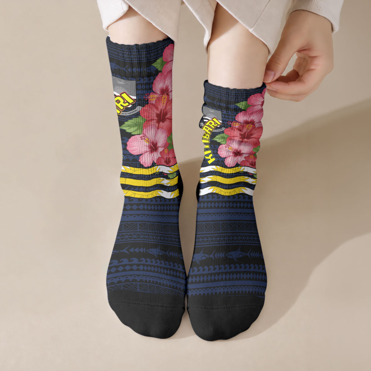 Kiribati Crew Socks Tropical Pink Hibiscus Flowers Polynesian Tribal TS04 Crew Socks Blue Black - Polynesian Pride