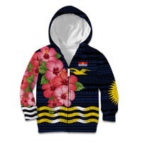 Kiribati Kid Hoodie Tropical Pink Hibiscus Flowers Polynesian Tribal TS04 Zip Hoodie Blue Black - Polynesian Pride
