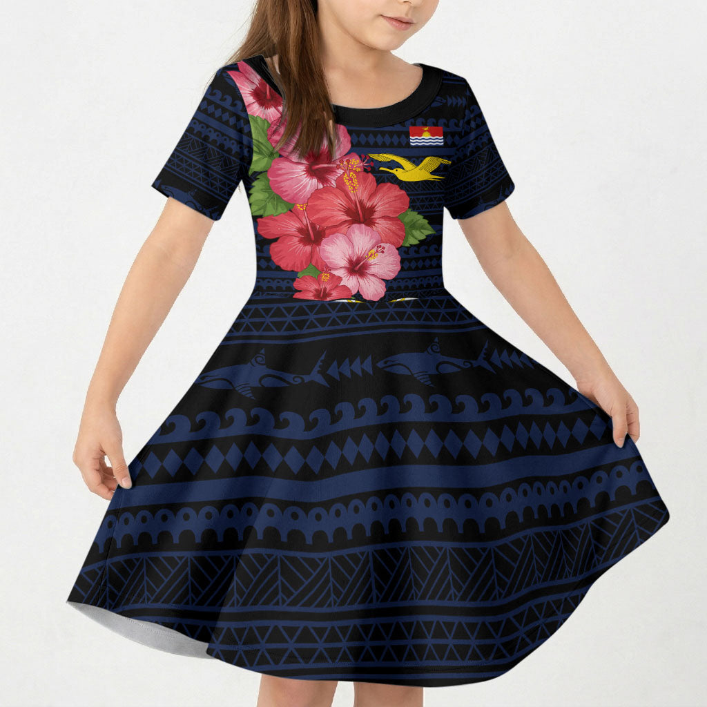 Kiribati Kid Short Sleeve Dress Tropical Pink Hibiscus Flowers Polynesian Tribal