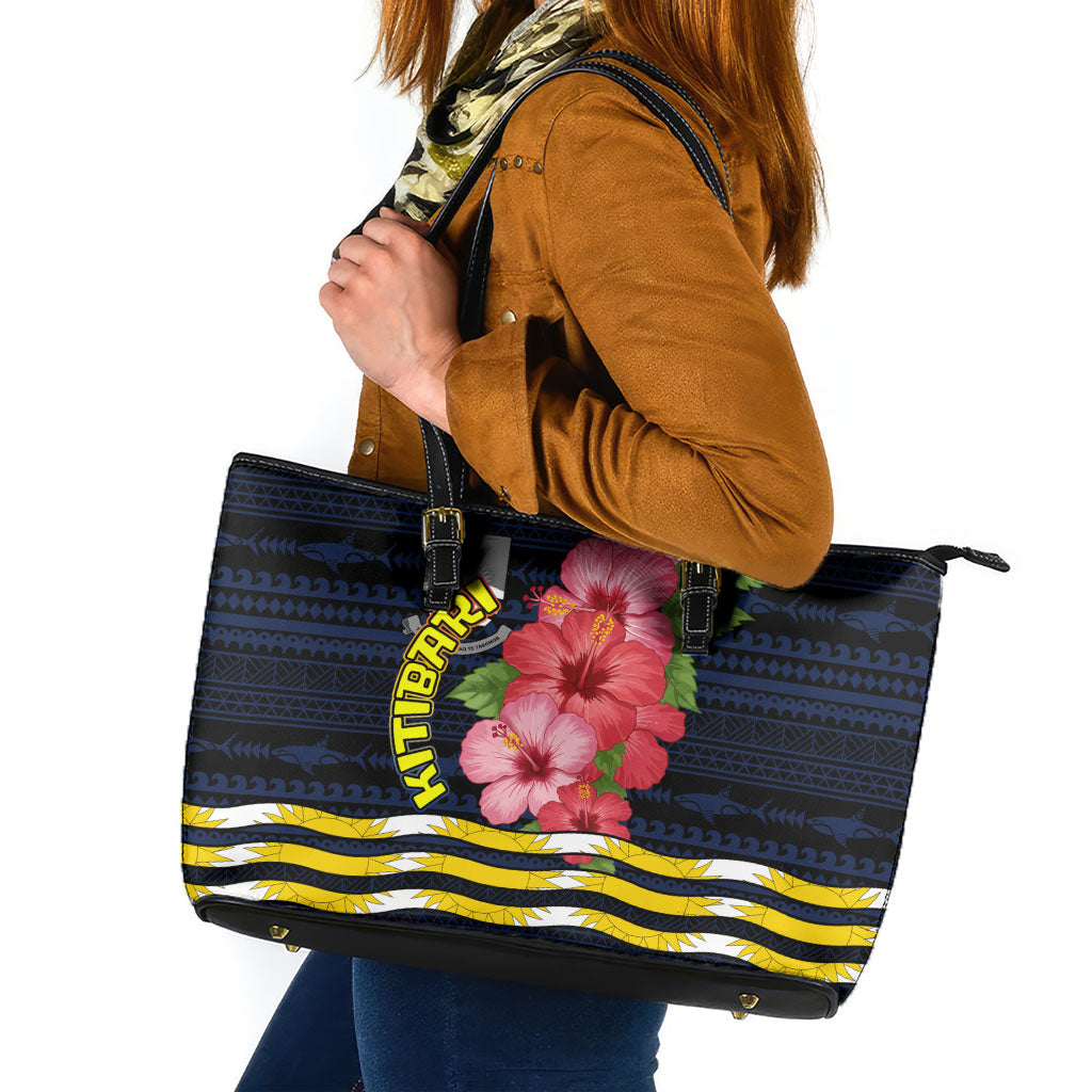 Kiribati Leather Tote Bag Tropical Pink Hibiscus Flowers Polynesian Tribal