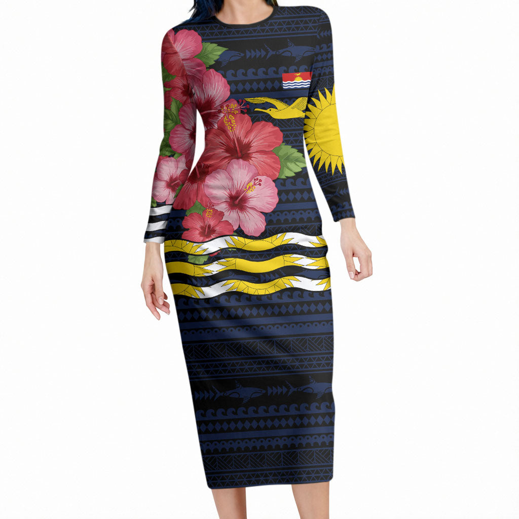 Kiribati Long Sleeve Bodycon Dress Tropical Pink Hibiscus Flowers Polynesian Tribal