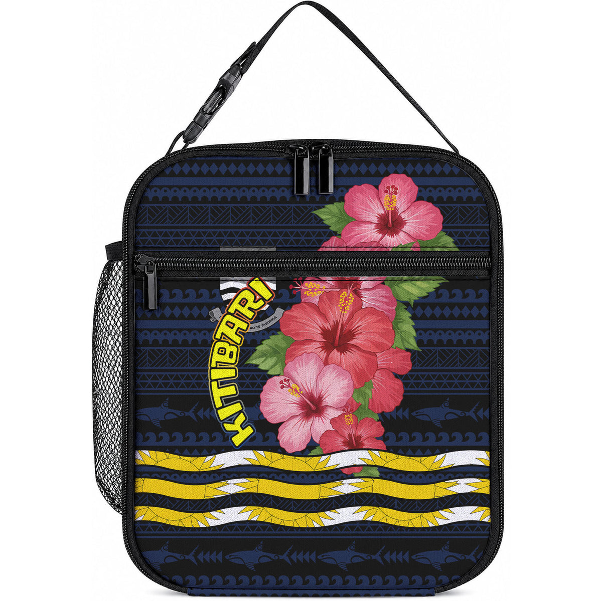 Kiribati Lunch Bag Tropical Pink Hibiscus Flowers Polynesian Tribal TS04 10.2 × 8.3 × 4.3 inch Blue Black - Polynesian Pride