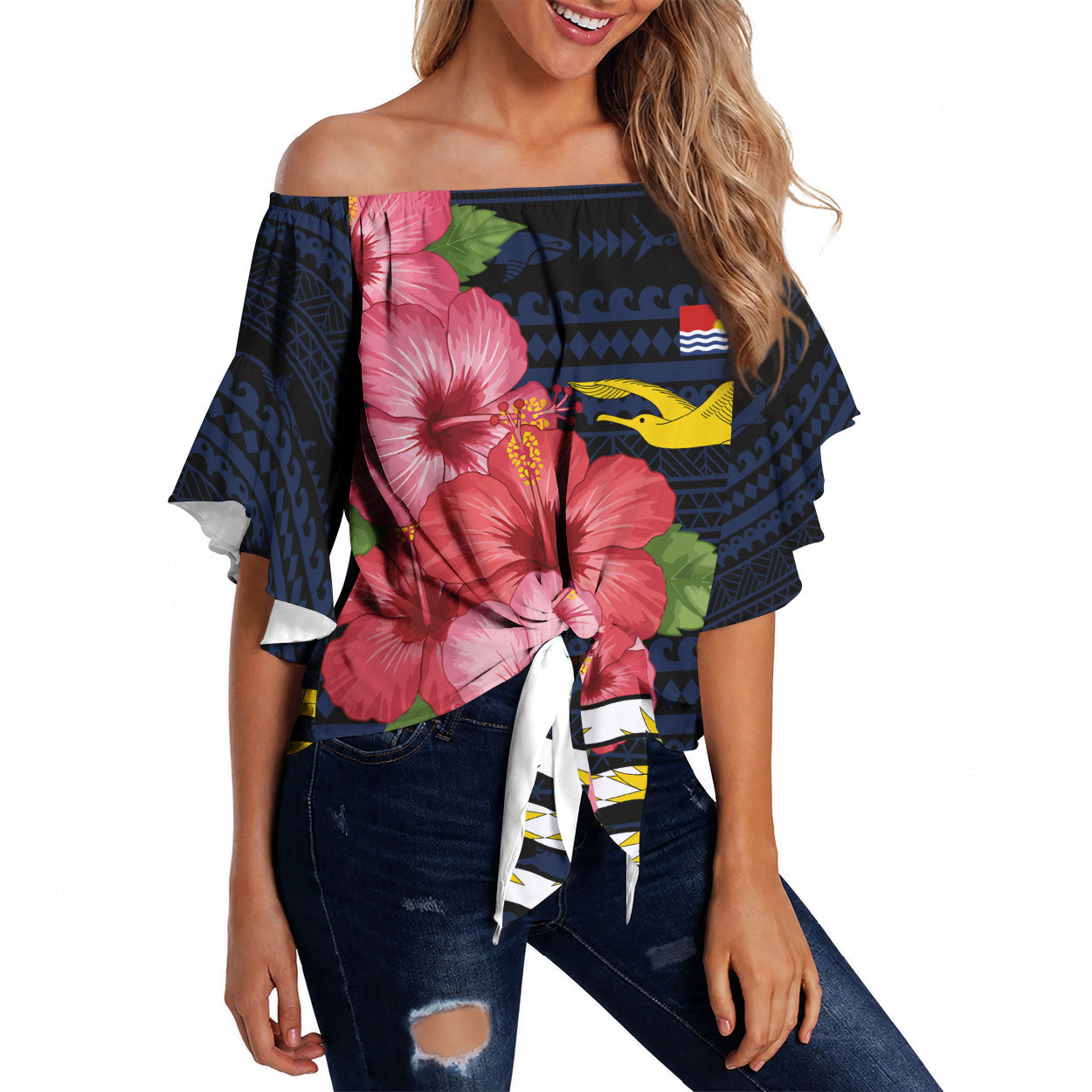 Kiribati Off Shoulder Wrap Waist Top Tropical Pink Hibiscus Flowers Polynesian Tribal