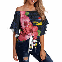 Kiribati Off Shoulder Wrap Waist Top Tropical Pink Hibiscus Flowers Polynesian Tribal TS04 Blue Black - Polynesian Pride