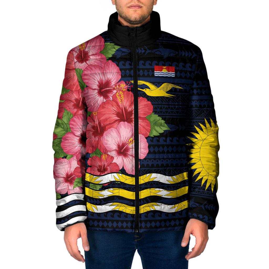 Kiribati Padded Jacket Tropical Pink Hibiscus Flowers Polynesian Tribal