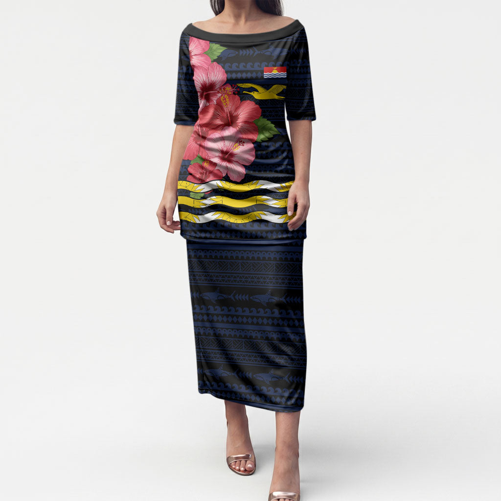 Kiribati Puletasi Tropical Pink Hibiscus Flowers Polynesian Tribal TS04 Long Dress Blue Black - Polynesian Pride
