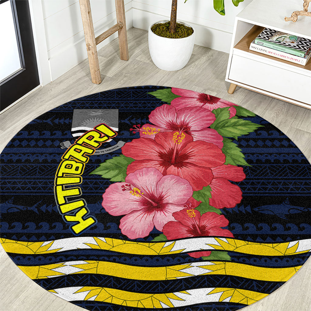 Kiribati Round Carpet Tropical Pink Hibiscus Flowers Polynesian Tribal TS04 Blue Black - Polynesian Pride
