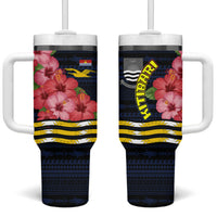 Kiribati Tumbler With Handle Tropical Pink Hibiscus Flowers Polynesian Tribal TS04 One Size: 40 oz Blue Black - Polynesian Pride
