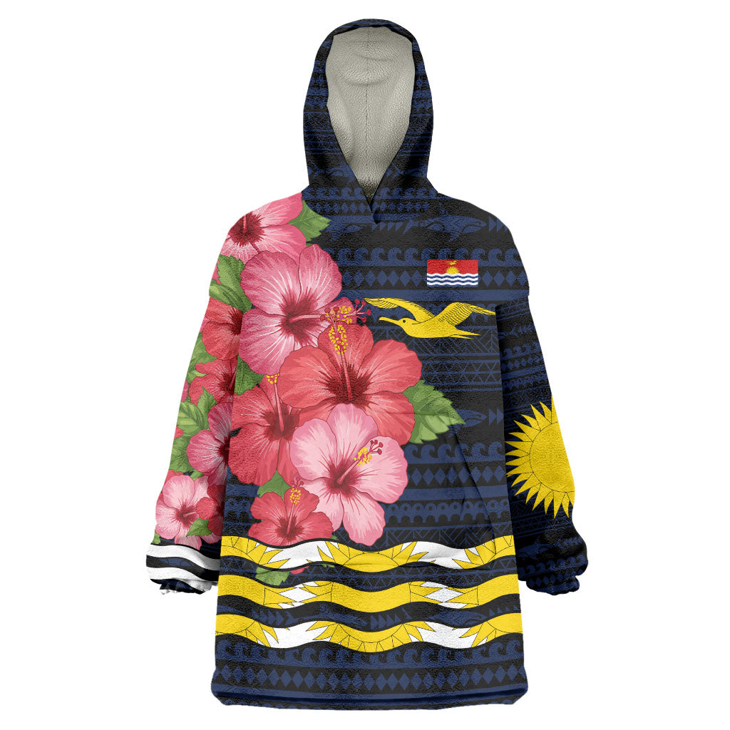 Kiribati Wearable Blanket Hoodie Tropical Pink Hibiscus Flowers Polynesian Tribal