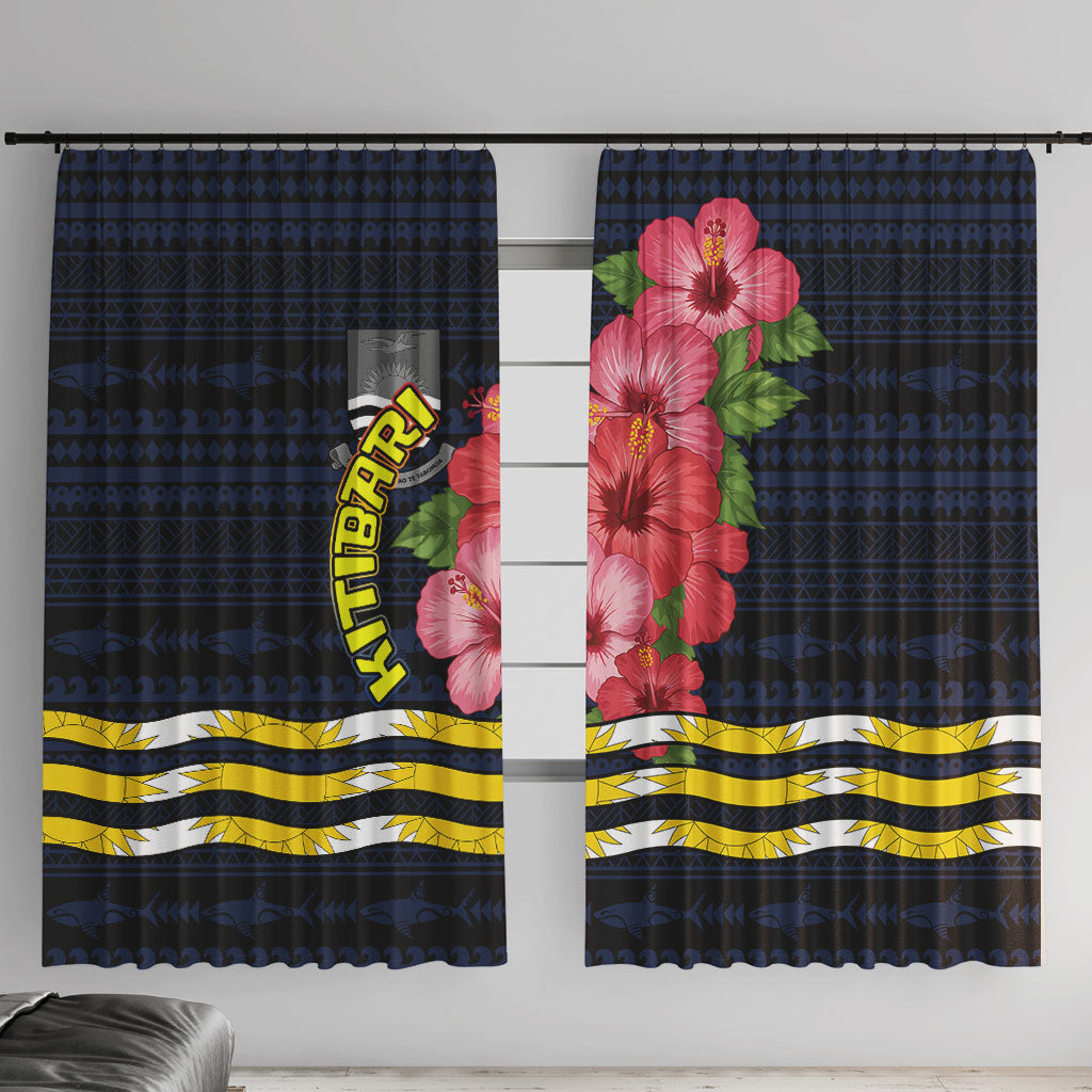 Kiribati Window Curtain Tropical Pink Hibiscus Flowers Polynesian Tribal TS04 With Hooks Blue Black - Polynesian Pride