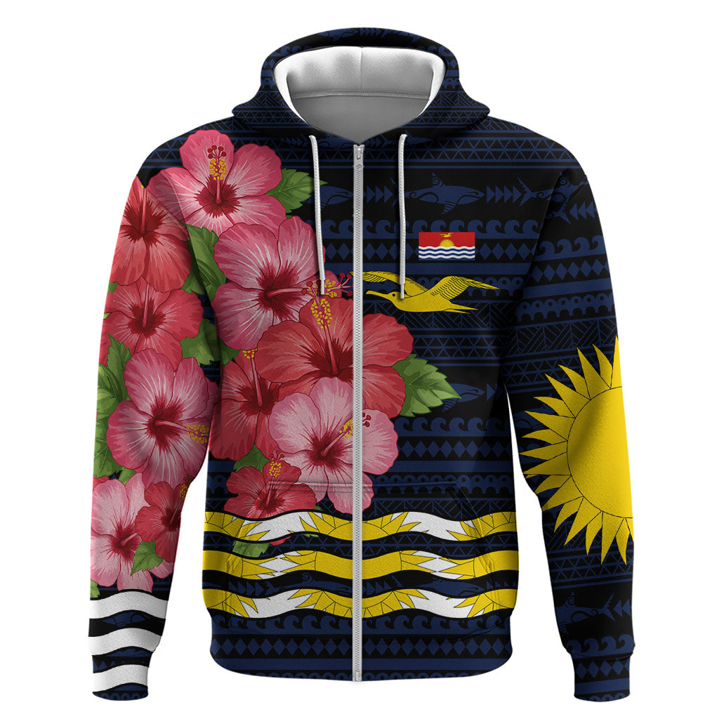 Kiribati Zip Hoodie Tropical Pink Hibiscus Flowers Polynesian Tribal