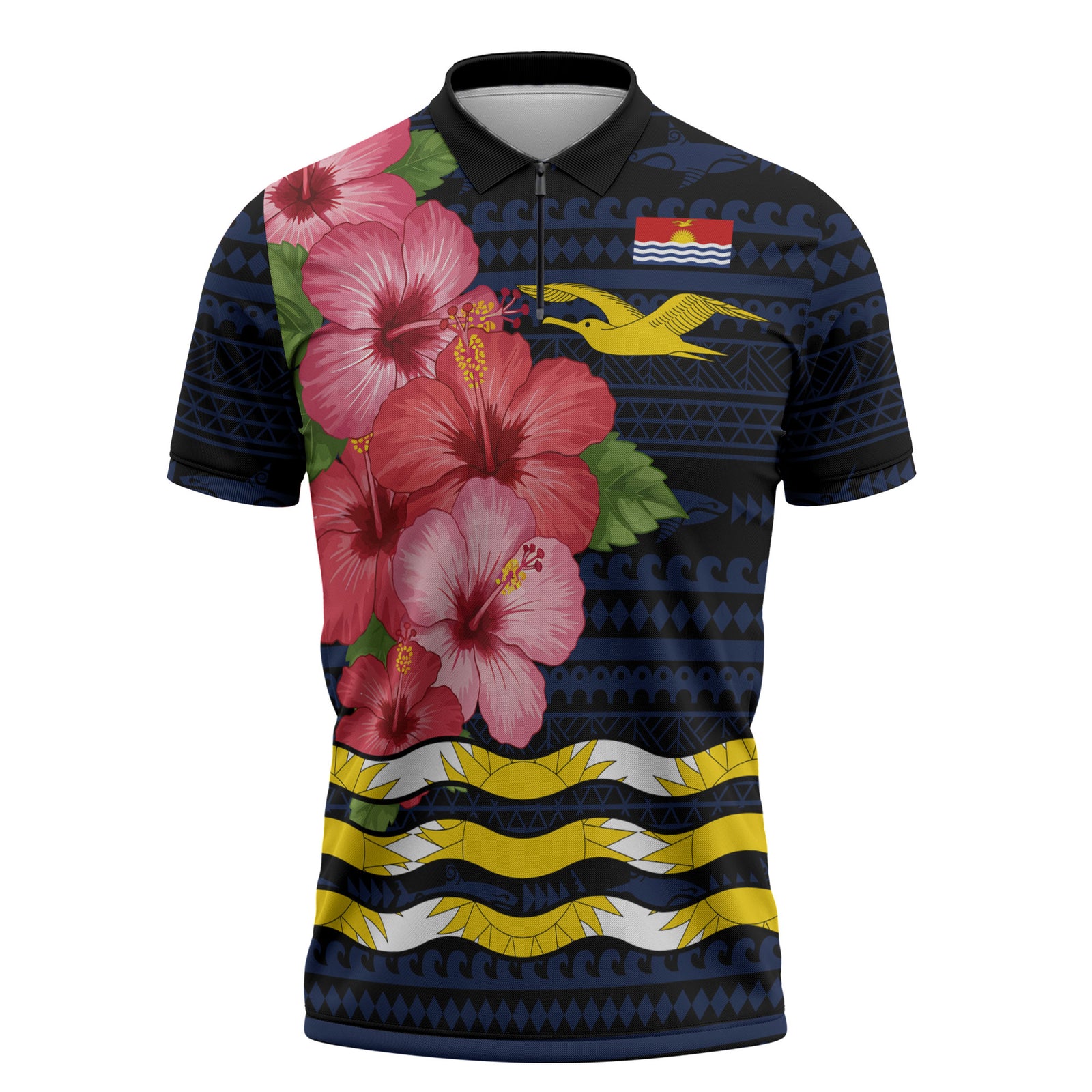 Kiribati Zipper Polo Shirt Tropical Pink Hibiscus Flowers Polynesian Tribal TS04 Blue Black - Polynesian Pride