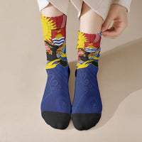 Kiribati Flag Coat Of Arms Crew Socks Sun Rising Frigatebird Pacific Island Tribal Pattern TS04 Crew Socks Red Yellow - Polynesian Pride