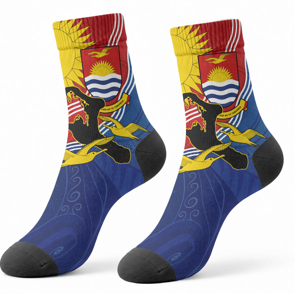 Kiribati Flag Coat Of Arms Crew Socks Sun Rising Frigatebird Pacific Island Tribal Pattern TS04 - Polynesian Pride