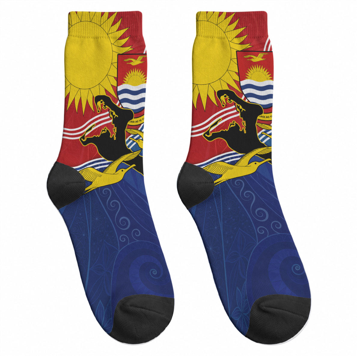 Kiribati Flag Coat Of Arms Crew Socks Sun Rising Frigatebird Pacific Island Tribal Pattern TS04 - Polynesian Pride