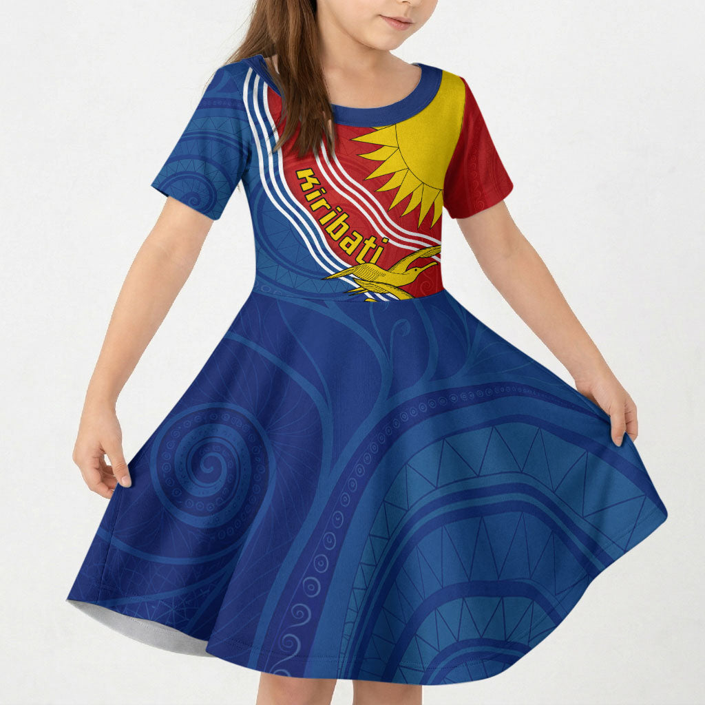 Kiribati Flag Coat Of Arms Kid Short Sleeve Dress Sun Rising Frigatebird Pacific Island Tribal Pattern TS04 KID Red Yellow - Polynesian Pride