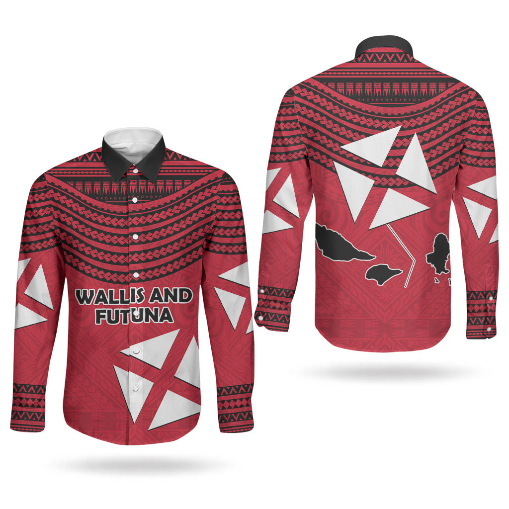 Wallis And Futuna Couples Matching Off Shoulder Maxi Dress and Long Sleeve Button Shirt Polynesian Tattoo Flag Map TS04 - Polynesian Pride