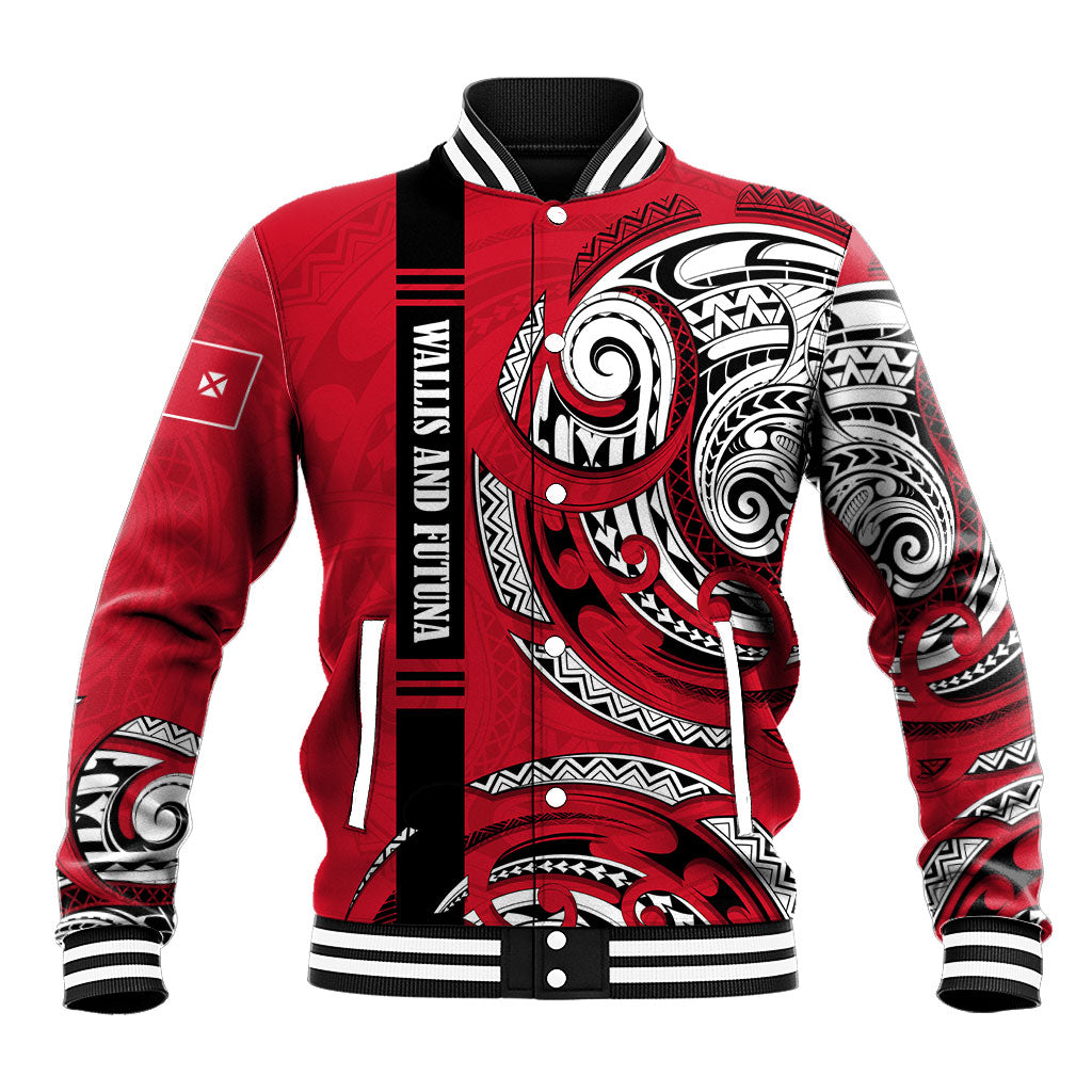 Wallis And Futuna Baseball Jacket Tribal Polynesian Tattoo Flag Motif TS04 Unisex Red Black - Polynesian Pride