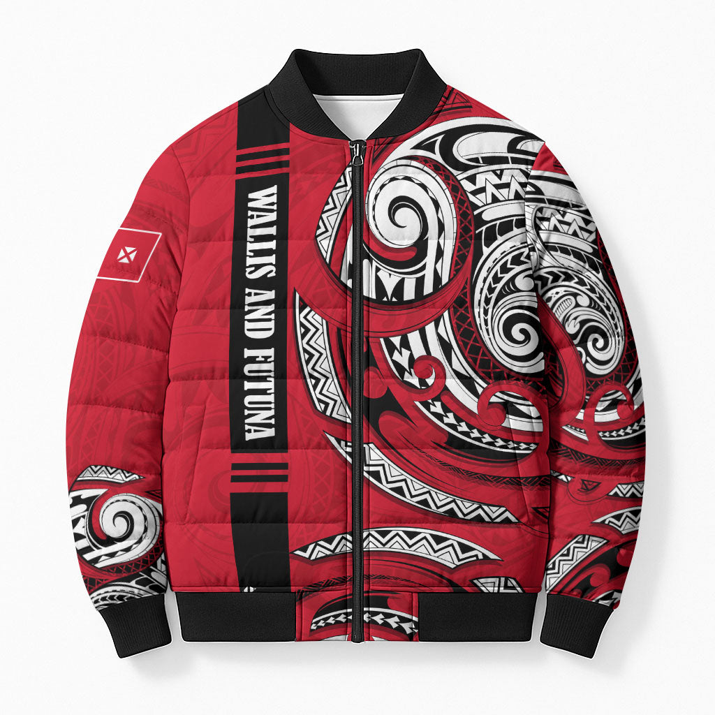 Wallis And Futuna Bomber Puffer Jacket Tribal Polynesian Tattoo Flag Motif TS04 Unisex Red Black - Polynesian Pride