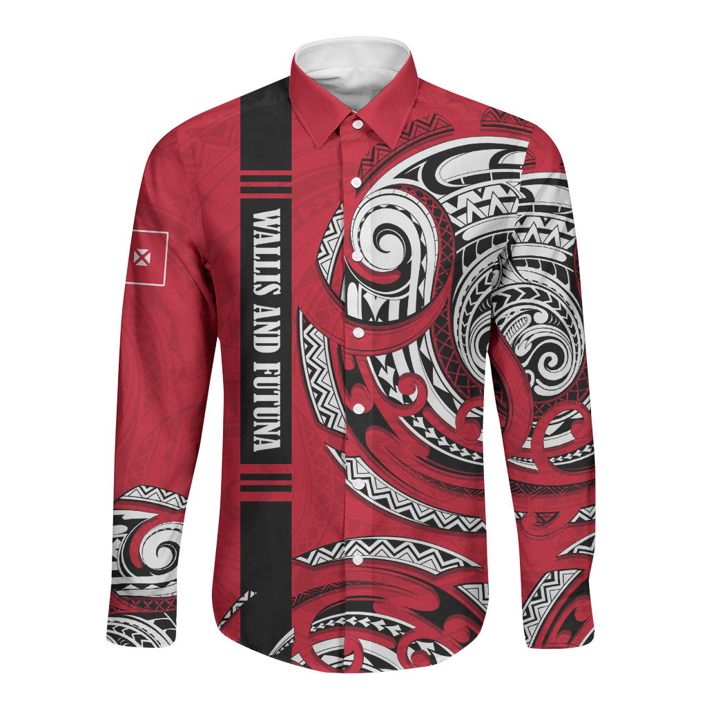 Wallis And Futuna Long Sleeve Button Shirt Tribal Polynesian Tattoo Flag Motif TS04 Unisex Red Black - Polynesian Pride
