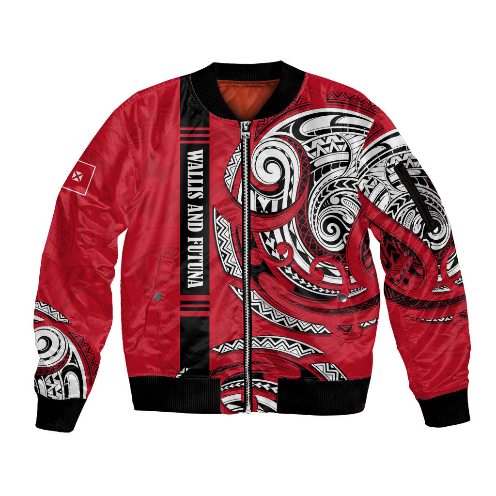 Wallis And Futuna Sleeve Zip Bomber Jacket Tribal Polynesian Tattoo Flag Motif TS04 Unisex Red Black - Polynesian Pride