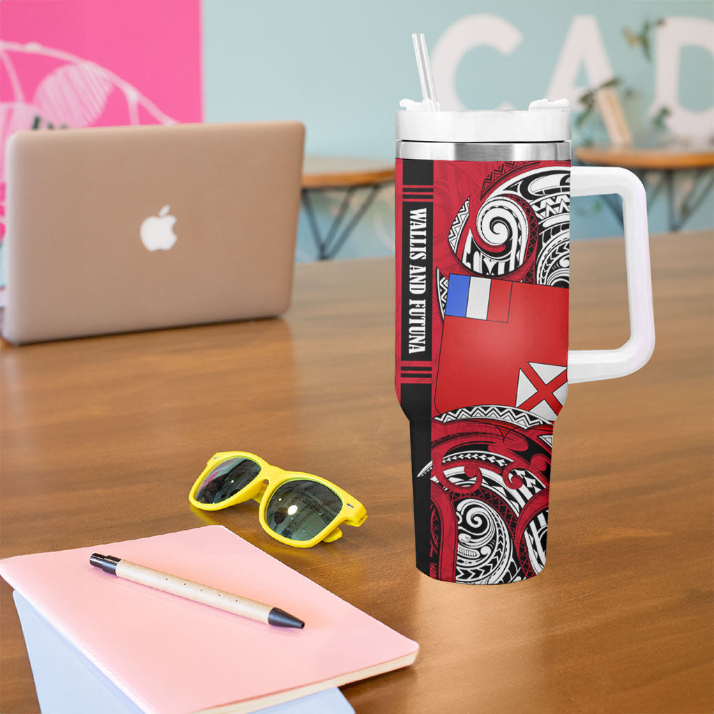 Wallis And Futuna Tumbler With Handle Tribal Polynesian Tattoo Flag Motif TS04 - Polynesian Pride