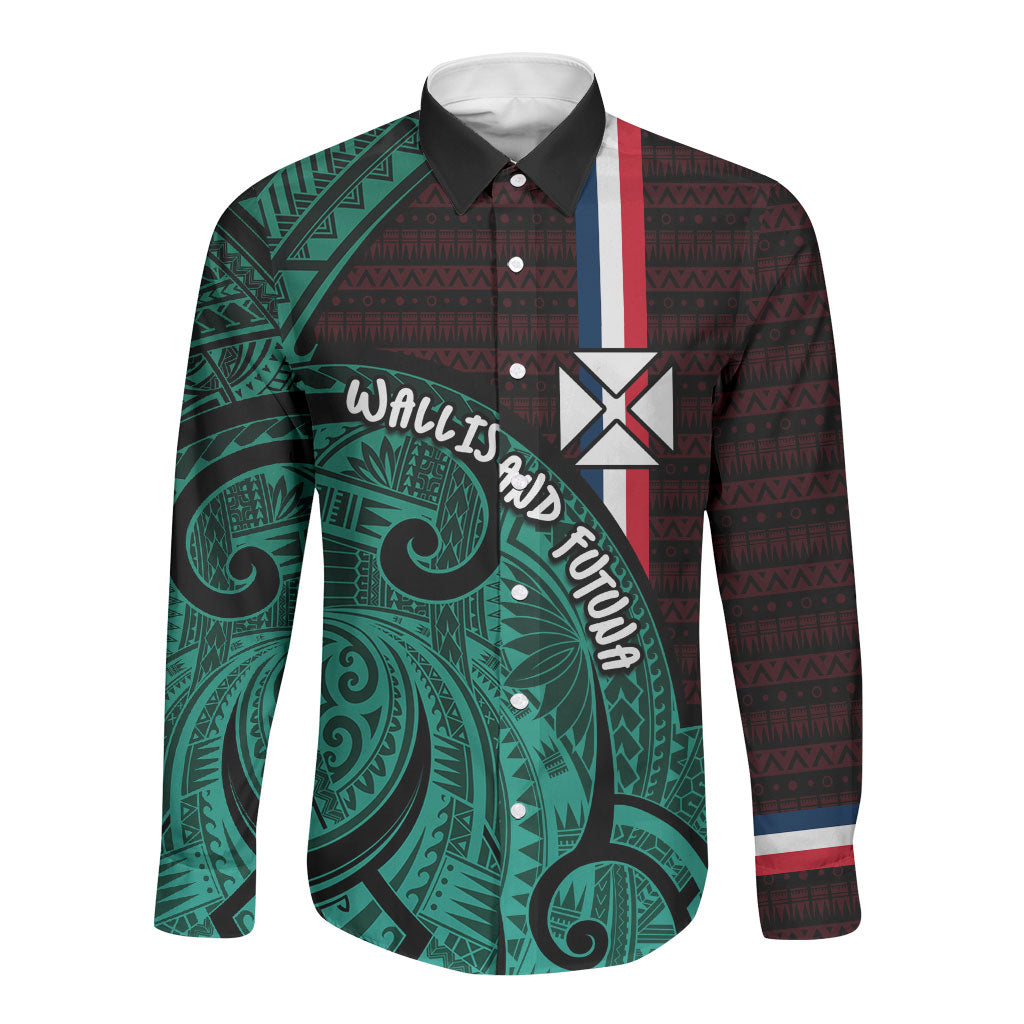 Wallis And Futuna Long Sleeve Button Shirt Tribal Polynesian Tattoo Heritage Cross Flag TS04 Unisex Green Black - Polynesian Pride