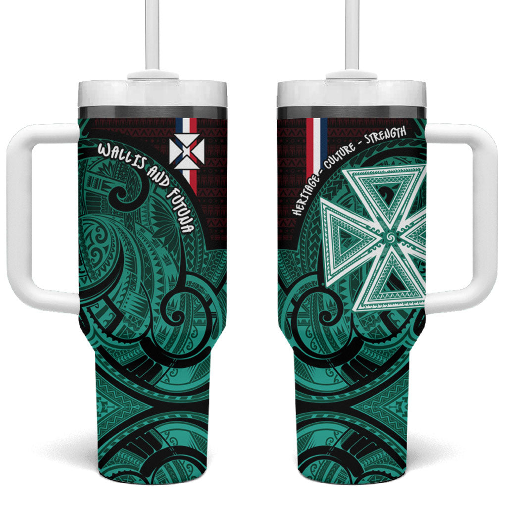 Wallis And Futuna Tumbler With Handle Tribal Polynesian Tattoo Heritage Cross Flag TS04 One Size: 40 oz Green Black - Polynesian Pride