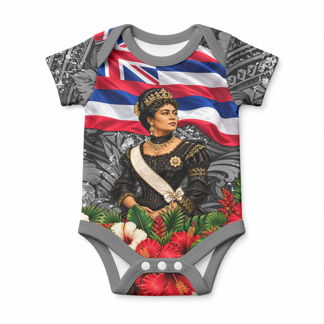 Queen Liliuokalani Hawaiian Flag Baby Onesie Polynesian Tribal Pattern And Tropical Hibiscus