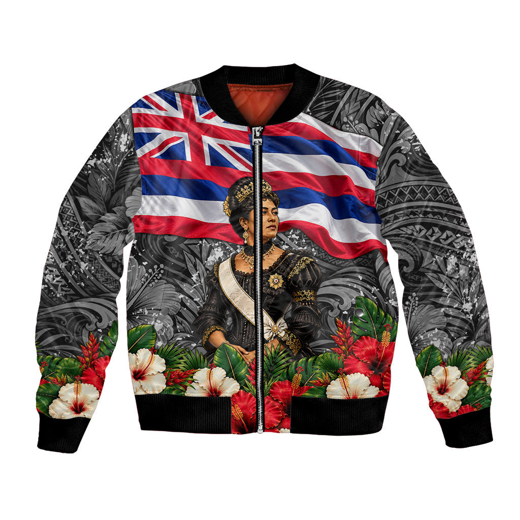 Queen Liliuokalani Hawaiian Flag Bomber Jacket Polynesian Tribal Pattern And Tropical Hibiscus