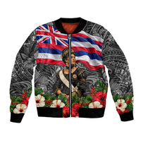 Queen Liliuokalani Hawaiian Flag Bomber Jacket Polynesian Tribal Pattern And Tropical Hibiscus TS04 Unisex Grey Red - Polynesian Pride