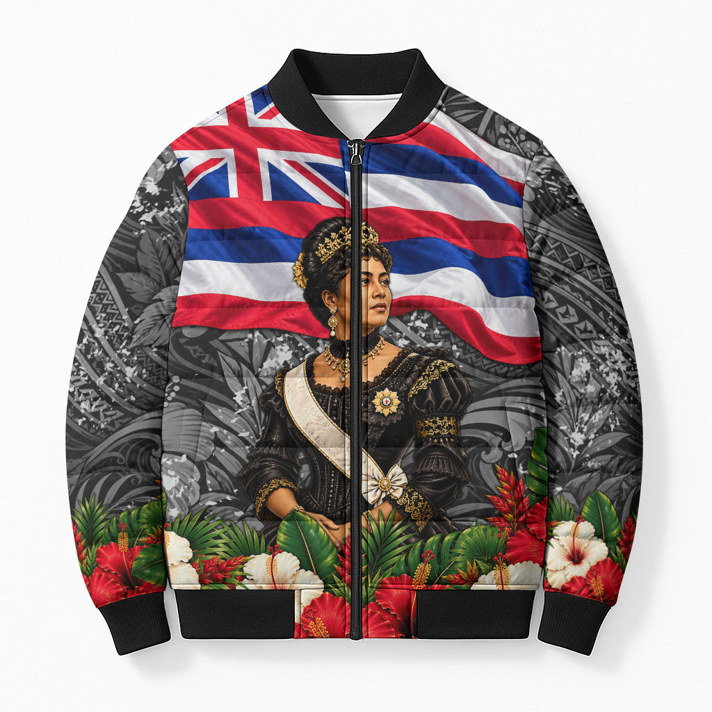 Queen Liliuokalani Hawaiian Flag Bomber Puffer Jacket Polynesian Tribal Pattern And Tropical Hibiscus