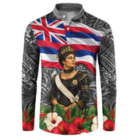 Queen Liliuokalani Hawaiian Flag Button Sweatshirt Polynesian Tribal Pattern And Tropical Hibiscus TS04 Grey Red - Polynesian Pride