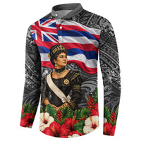 Queen Liliuokalani Hawaiian Flag Button Sweatshirt Polynesian Tribal Pattern And Tropical Hibiscus TS04 - Polynesian Pride