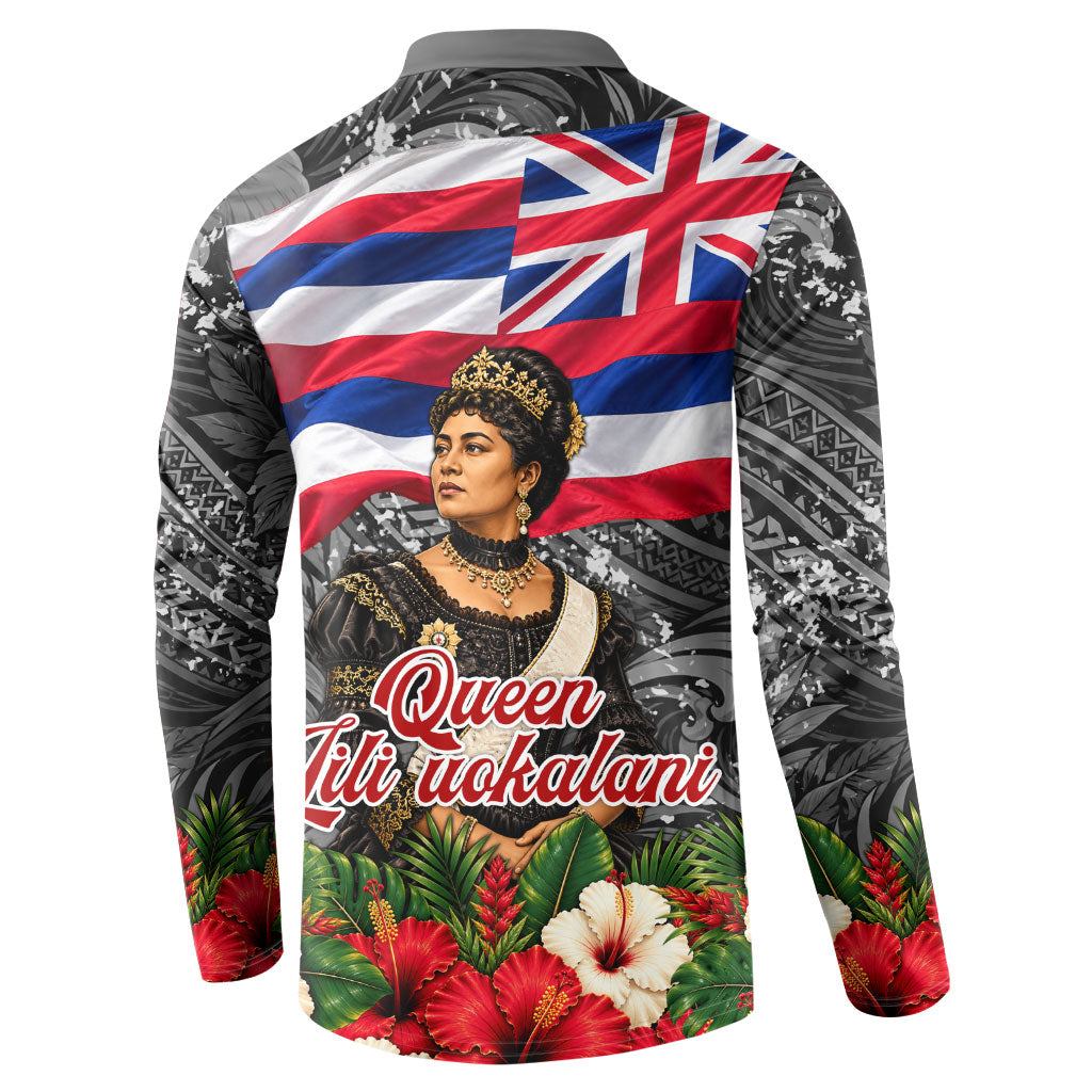 Queen Liliuokalani Hawaiian Flag Button Sweatshirt Polynesian Tribal Pattern And Tropical Hibiscus TS04 - Polynesian Pride
