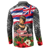 Queen Liliuokalani Hawaiian Flag Button Sweatshirt Polynesian Tribal Pattern And Tropical Hibiscus TS04 - Polynesian Pride