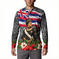 Queen Liliuokalani Hawaiian Flag Button Sweatshirt Polynesian Tribal Pattern And Tropical Hibiscus TS04 - Polynesian Pride