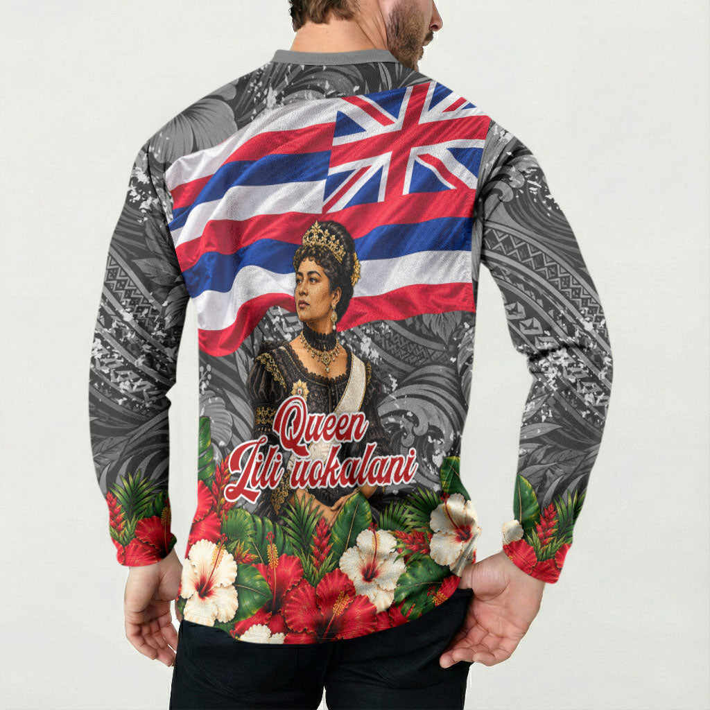 Queen Liliuokalani Hawaiian Flag Button Sweatshirt Polynesian Tribal Pattern And Tropical Hibiscus TS04 - Polynesian Pride