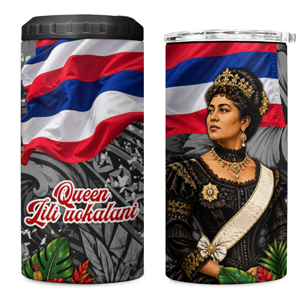Queen Liliuokalani Hawaiian Flag 4 in 1 Can Cooler Tumbler Polynesian Tribal Pattern And Tropical Hibiscus