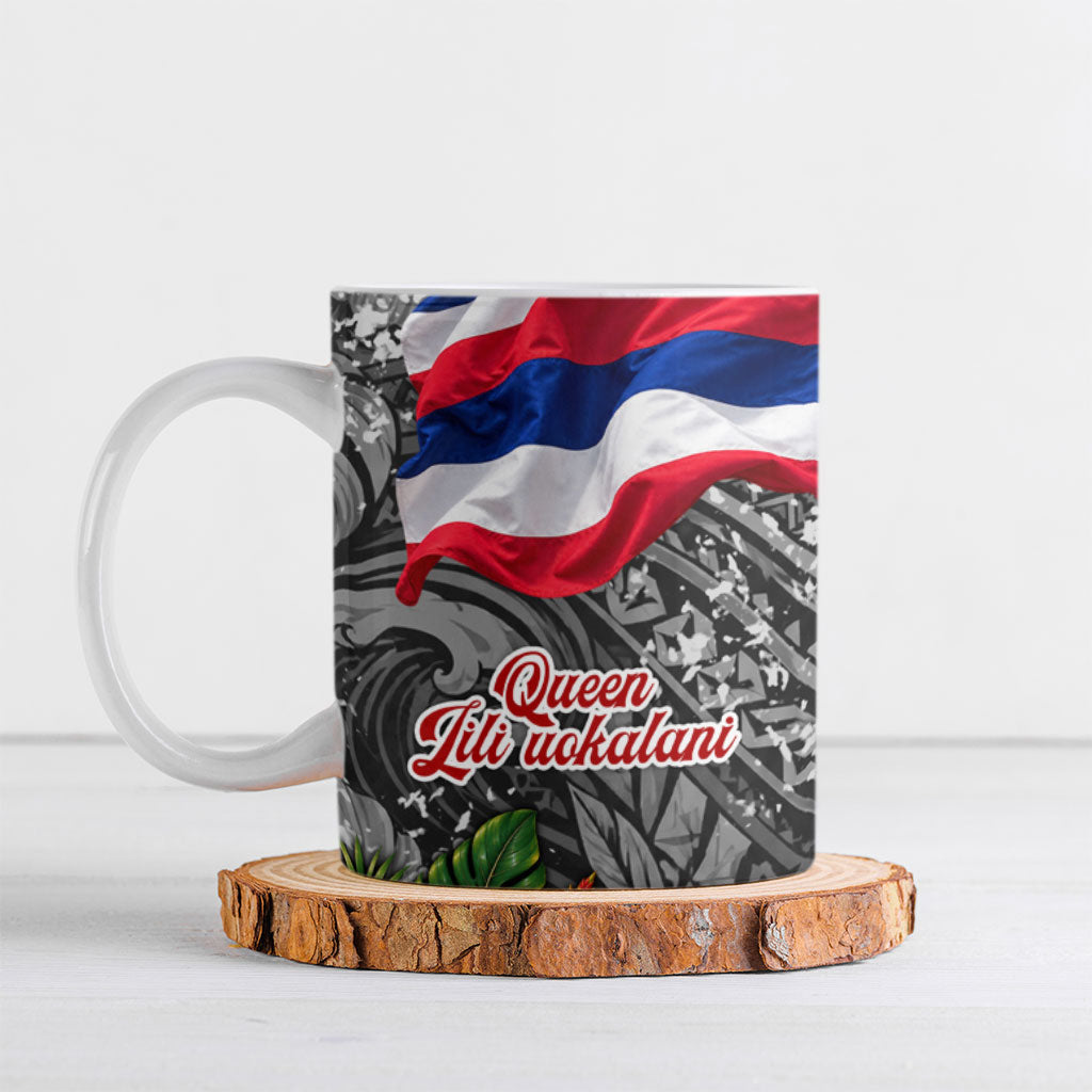 Queen Liliuokalani Hawaiian Flag Ceramic Mug Polynesian Tribal Pattern And Tropical Hibiscus