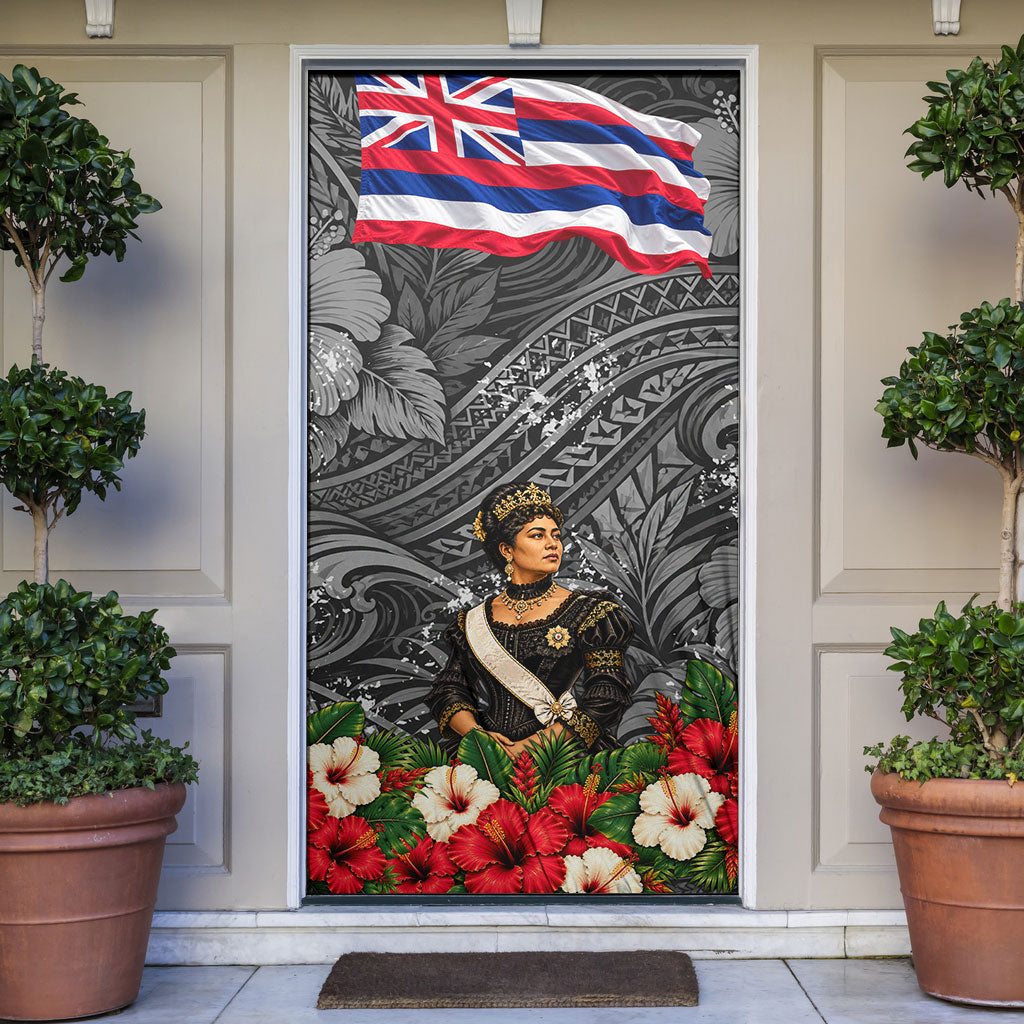 Queen Liliuokalani Hawaiian Flag Door Cover Polynesian Tribal Pattern And Tropical Hibiscus