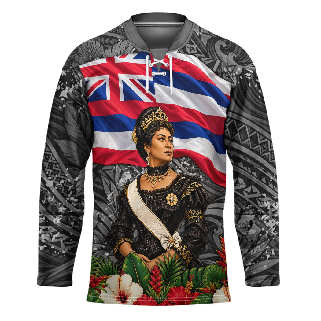 Queen Liliuokalani Hawaiian Flag Hockey Jersey Polynesian Tribal Pattern And Tropical Hibiscus