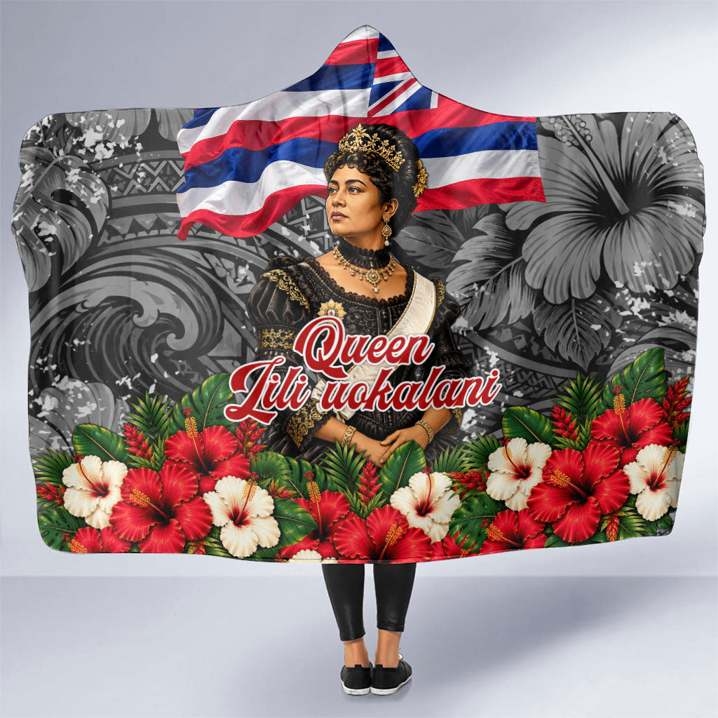 Queen Liliuokalani Hawaiian Flag Hooded Blanket Polynesian Tribal Pattern And Tropical Hibiscus