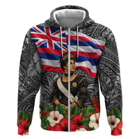 Queen Liliuokalani Hawaiian Flag Hoodie Polynesian Tribal Pattern And Tropical Hibiscus TS04 Zip Hoodie Grey Red - Polynesian Pride