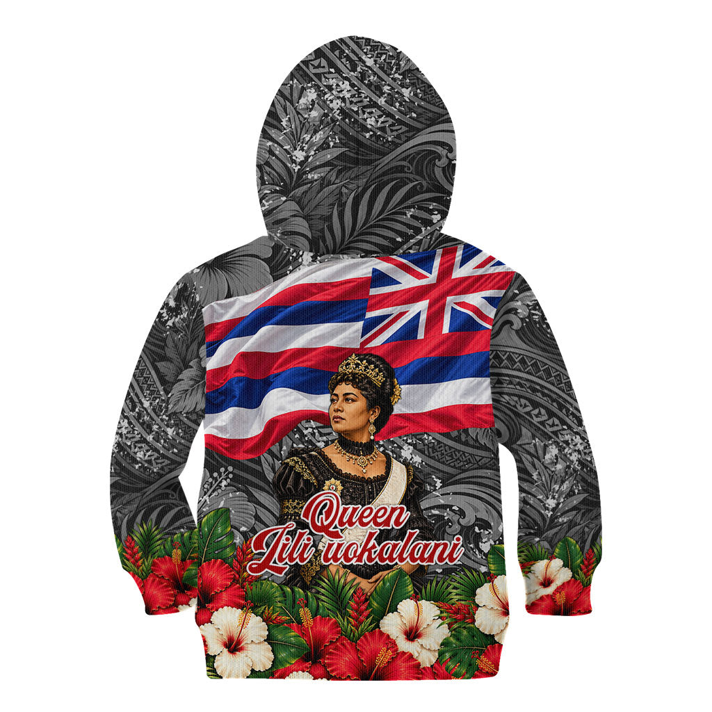 Queen Liliuokalani Hawaiian Flag Kid Hoodie Polynesian Tribal Pattern And Tropical Hibiscus TS04 - Polynesian Pride