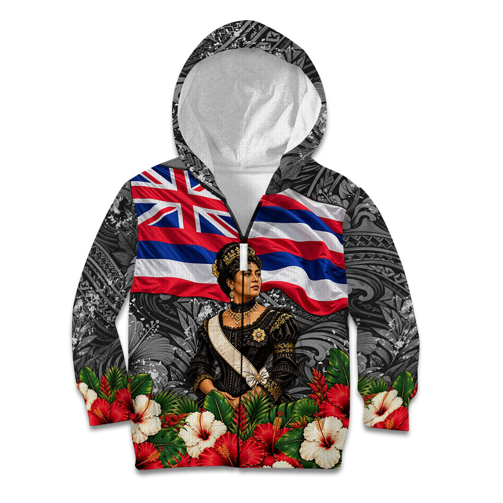 Queen Liliuokalani Hawaiian Flag Kid Hoodie Polynesian Tribal Pattern And Tropical Hibiscus TS04 Zip Hoodie Grey Red - Polynesian Pride