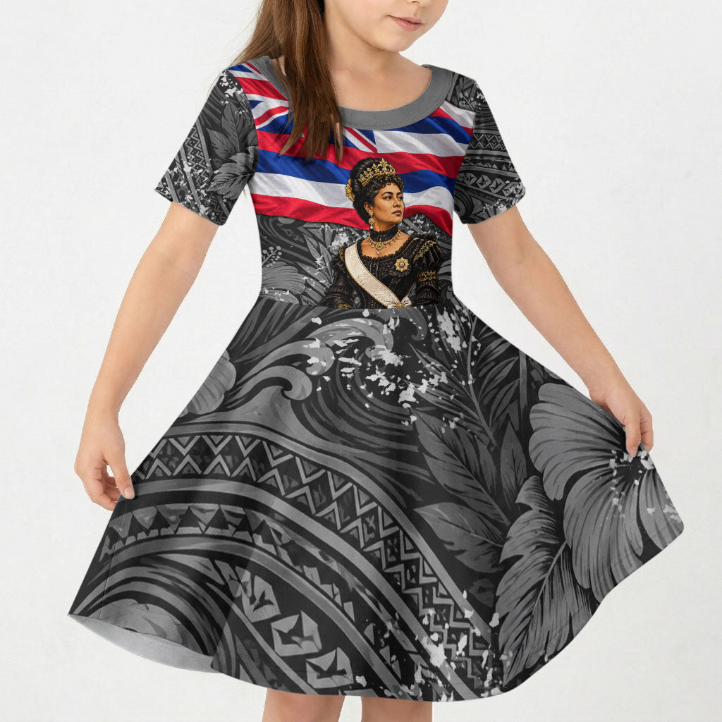 Queen Liliuokalani Hawaiian Flag Kid Short Sleeve Dress Polynesian Tribal Pattern And Tropical Hibiscus